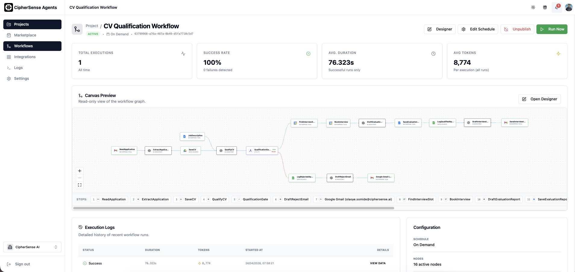 CipherSense Agents workflow canvas